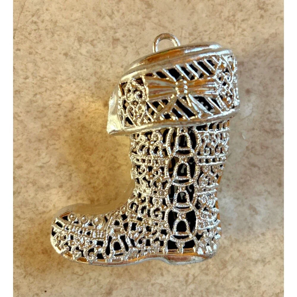 Vtg Mirror Dove Christmas Tree Ornaments Mosaic Bird Disco Silver Filigree Boot